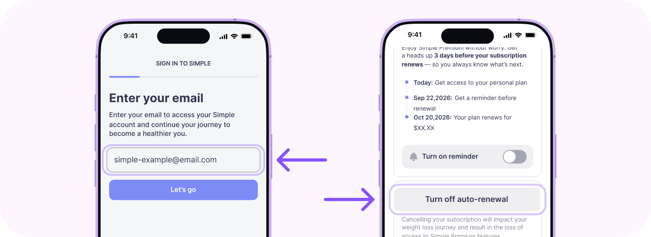 Simple app: sign-in screen and the Manage Simple Premium screen with Turn off auto-renewal