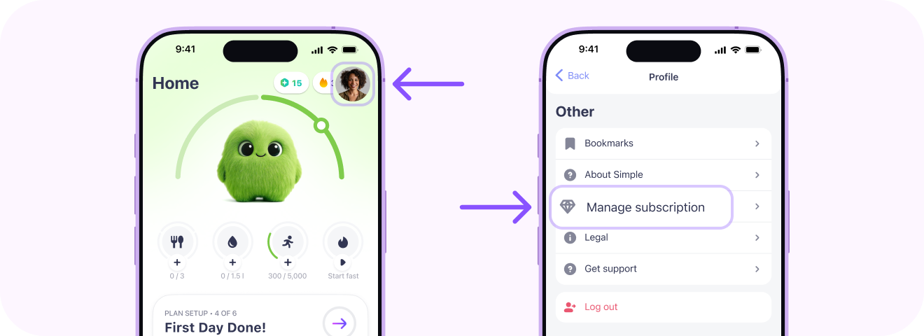 Simple app: Home screen and the Profile screen with Manage subscription highlighted