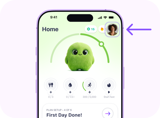 Simple app: Home screen with the profile icon highlighted