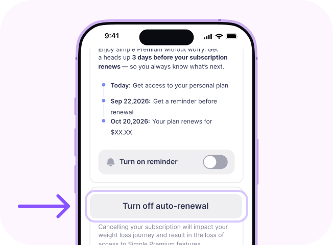 Simple app: Manage Simple Premium screen with Turn off auto-renewal highlighted