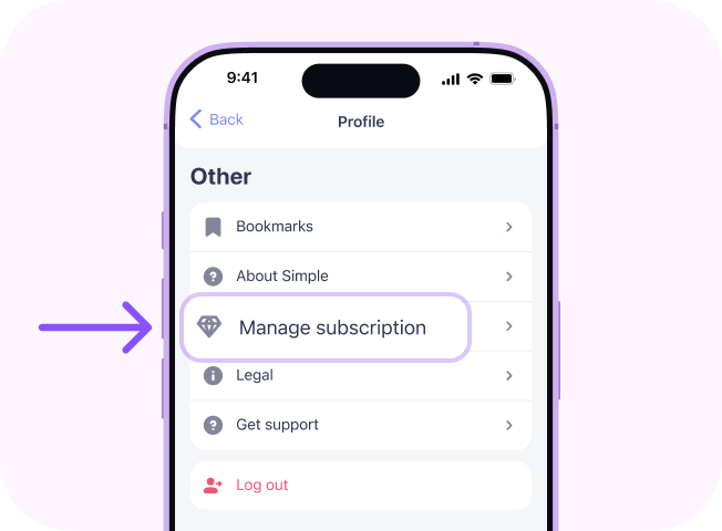 Simple app: Profile screen with Manage subscription highlighted