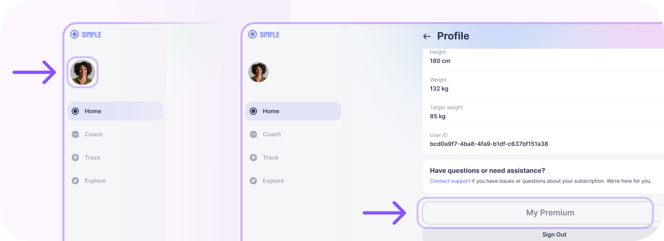 Simple web account: the profile menu and the Plan and Billing page